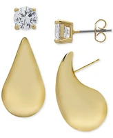 2-Pc. Set Lab-Grown White Sapphire & Polished Teardrop Stud Earrings (2-1/10 ct. t.w.) in 14k Gold-Plated Sterling Silver