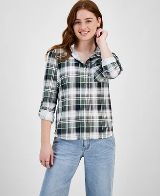 Just Polly Juniors' Cozy Plaid Collared Knit Shirt