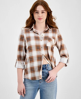 Just Polly Juniors' Cozy Plaid Collared Knit Shirt