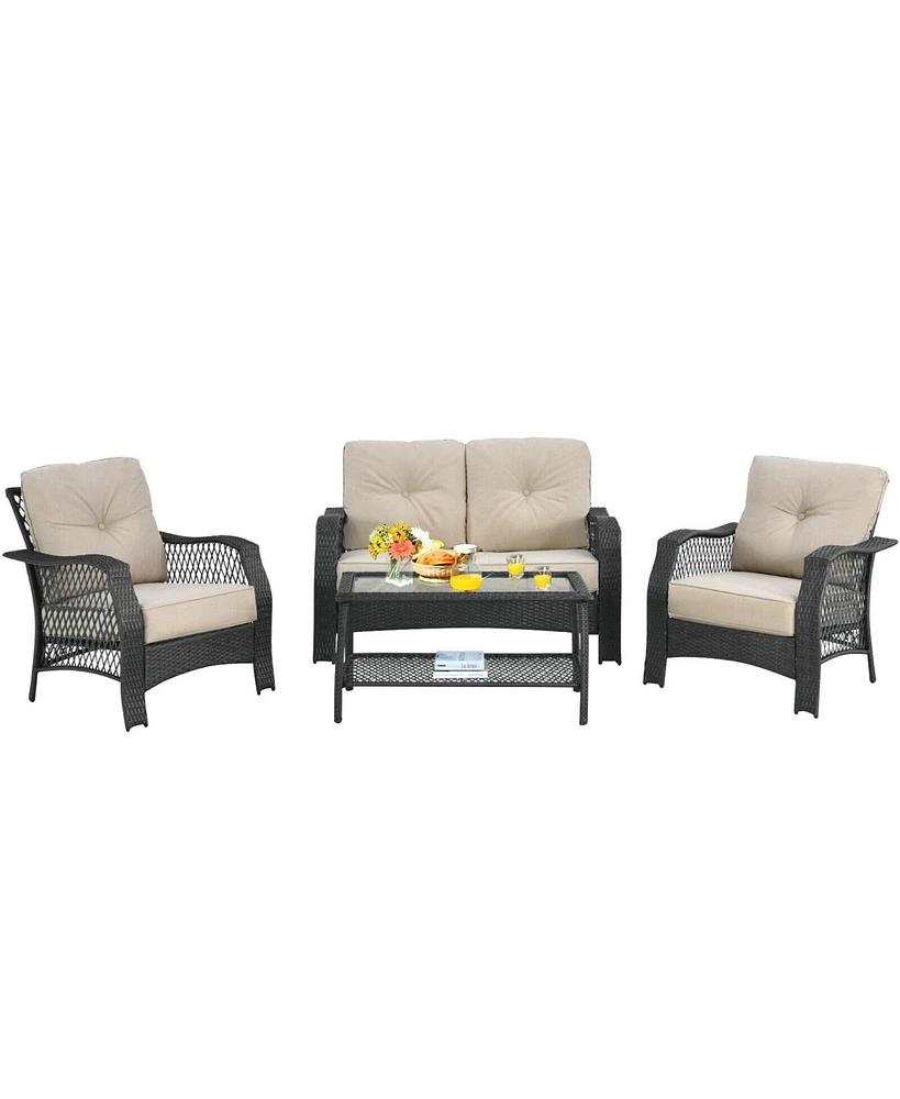 Gymax 4PCS Cushioned Patio Conversation Set Outdoor Rattan Furniture Set