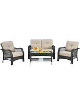 Gymax 4PCS Cushioned Patio Conversation Set Outdoor Rattan Furniture Set