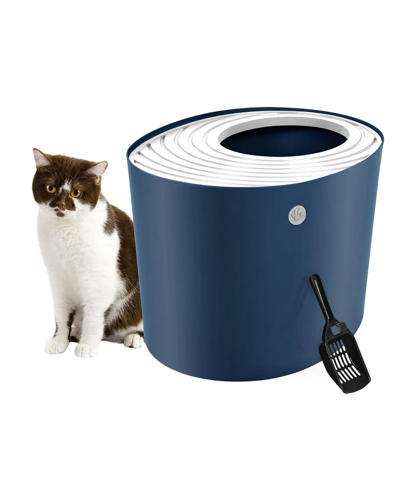 Iris Usa Large Stylish Round Top Entry Cat Litter Box with Scoop, Curved Kitty Litter Pan with Litter Particle Catching, Navy/White