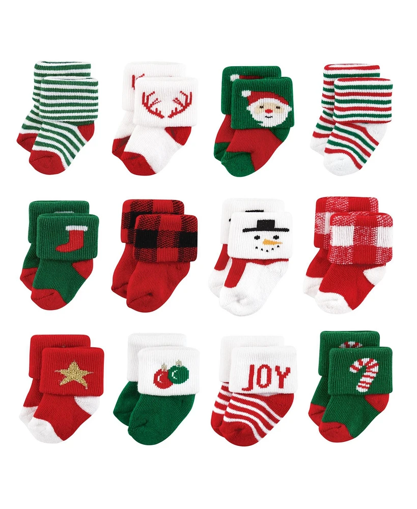 Hudson Baby Boys Cotton Rich Newborn and Terry Socks, 12 Days Of Christmas Santa