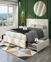Anna Patented 2-Drawer Storage Bed Queen Size Ivory Velvet Upholstered Wingback Platform Bed, Modern Design Headboard with Tight Channel, Wooden Slat
