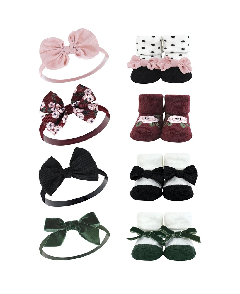 Hudson Baby Baby Girls Headband and Socks Giftset, Burgundy Floral 8-Piece, One