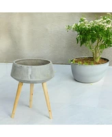 Slickblue Cement Bowl Planter With Wood Legs 17.5"h