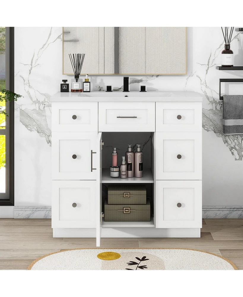 Simplie Fun Modern White 36" Free-Standing Vanity with Resin Basin & Storage