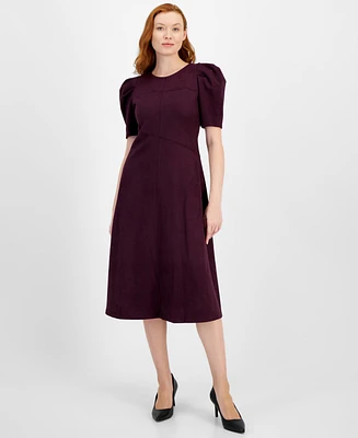 Anne Klein Women's Suede Puff-Sleeve Midi Dress