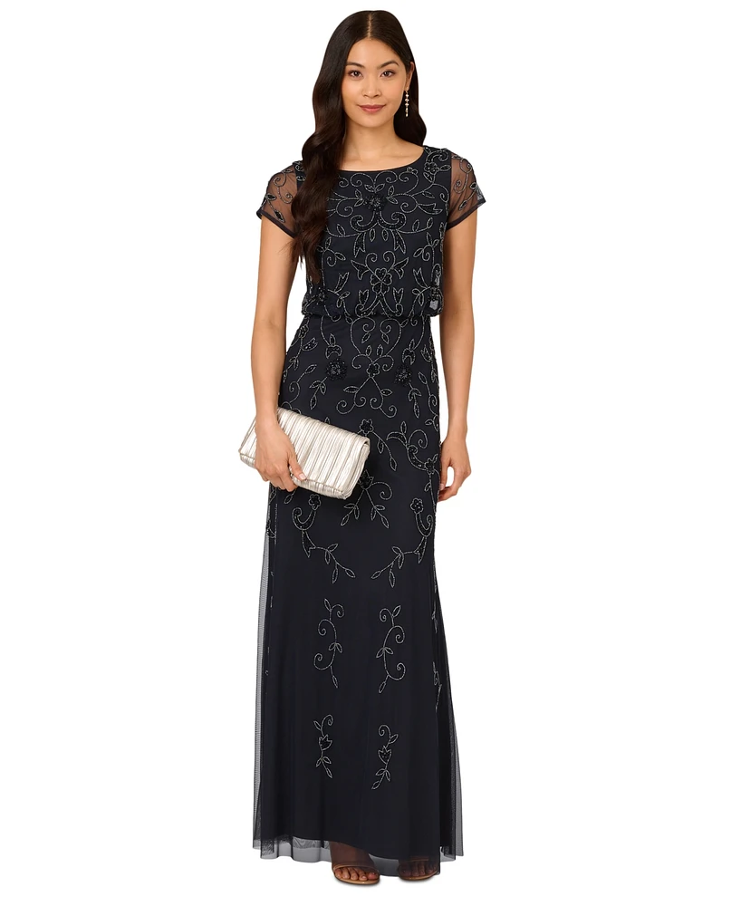 Adrianna Papell Petite Boat-Neck Short-Sleeve Beaded Blouson Gown