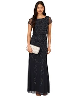 Adrianna Papell Petite Boat-Neck Short-Sleeve Beaded Blouson Gown