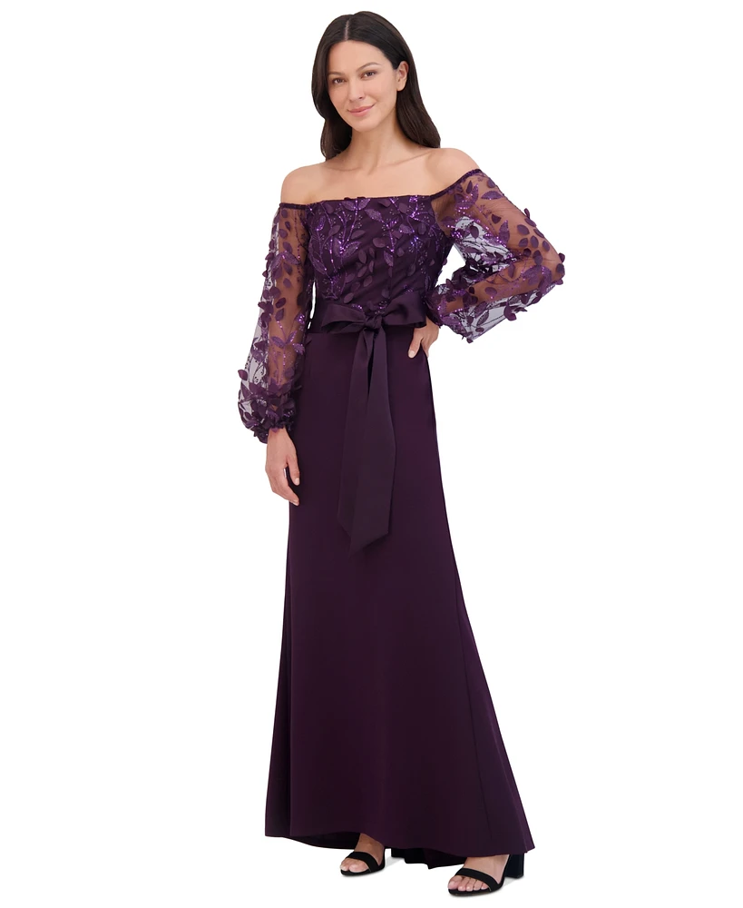 Eliza J Petite Floating Petals Embellished Off-The-Shoulder Gown