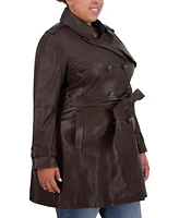Tahari Womens Plus Size Natalie Belted Leather Trench Coat
