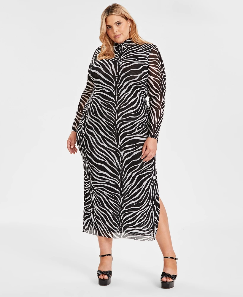 Bar Iii Trendy Plus Zebra-Print Mock-Neck Mesh Dress, Created for Macy's