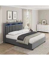 Simplie Fun Luxury Gas Lift Storage Bed With Rf Led Lights, Storage Headboard, Queen Size, Velvet Grey