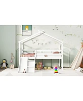 Streamdale Furniture Twin Low Loft House Bed With Slide, Ladder, Safety Guardrails, House Roof Frame, White