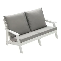 Simplie Fun Loveseat with Cushion, Wood Grain Outdoor Garden Sofa, White/Grey