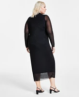 Bar Iii Trendy Plus Embellished Mesh Mock Neck Midi Dress, Created for Macy's