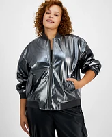 Bar Iii Trendy Plus Foil Faux-Leather Bomber Jacket, Created for Macy's