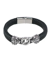 Trafalgar Silver Interlock Pattern on Black Leather Bracelet