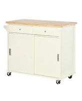 Homcom 43" Kitchen Island Rolling Storage Cart w/ Wheels, Cabinet, Drawers, Cream White