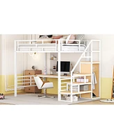 Streamdale Furniture Full Size Metal Loft Bed With Desk, Storage Staircase And Small Wardrobe, Storage Stairs