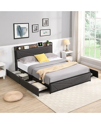 Simplie Fun Full Bed Frame with Storage Headboard & Charging Station