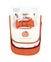 Hudson Baby Infant Girl Cotton Bib and Headband or Caps Set, Pink Cutest Pumpkin, One Size