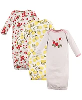 Hudson Baby Baby Girls Cotton Long-Sleeve Gowns 3pk, Strawberry Lemon, 0-6 Months