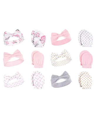 Hudson Baby Baby Girls 12Pc Cotton Headband and Scratch Mitten Set, Pink Floral Dots, 0-6 Months