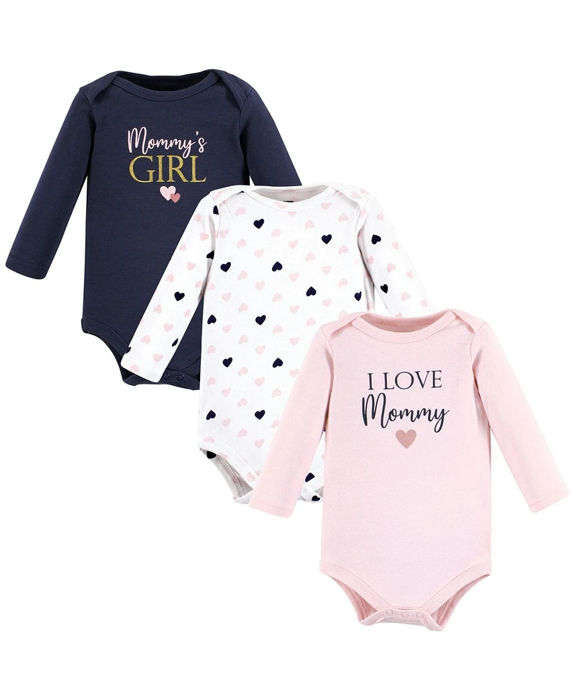 Hudson Baby Girls Cotton Long-Sleeve Bodysuits mommy pink navy 3-Pack - Girl 3