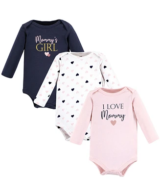 Hudson Baby Girls Cotton Long-Sleeve Bodysuits Mommy Pink Navy 3-Pack, Preemie