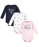 Hudson Baby Girls Cotton Long-Sleeve Bodysuits mommy pink navy 3-Pack - Girl 3