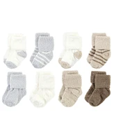 Hudson Baby Boys Cozy Chenille Newborn and Terry Socks, Gray Taupe Stripe, 0-6 Months