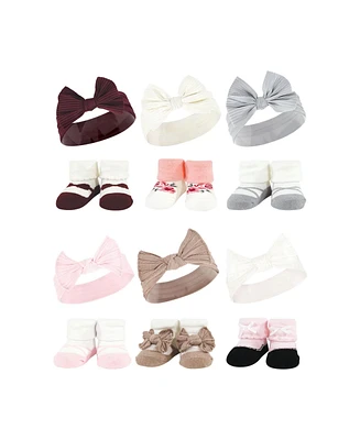 Hudson Baby Infant Girl 12Pc Headband and Socks Giftset, Pink Taupe