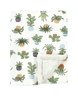 Hudson Baby Plush Blanket with Furry Binding and Back, Plants, One Size