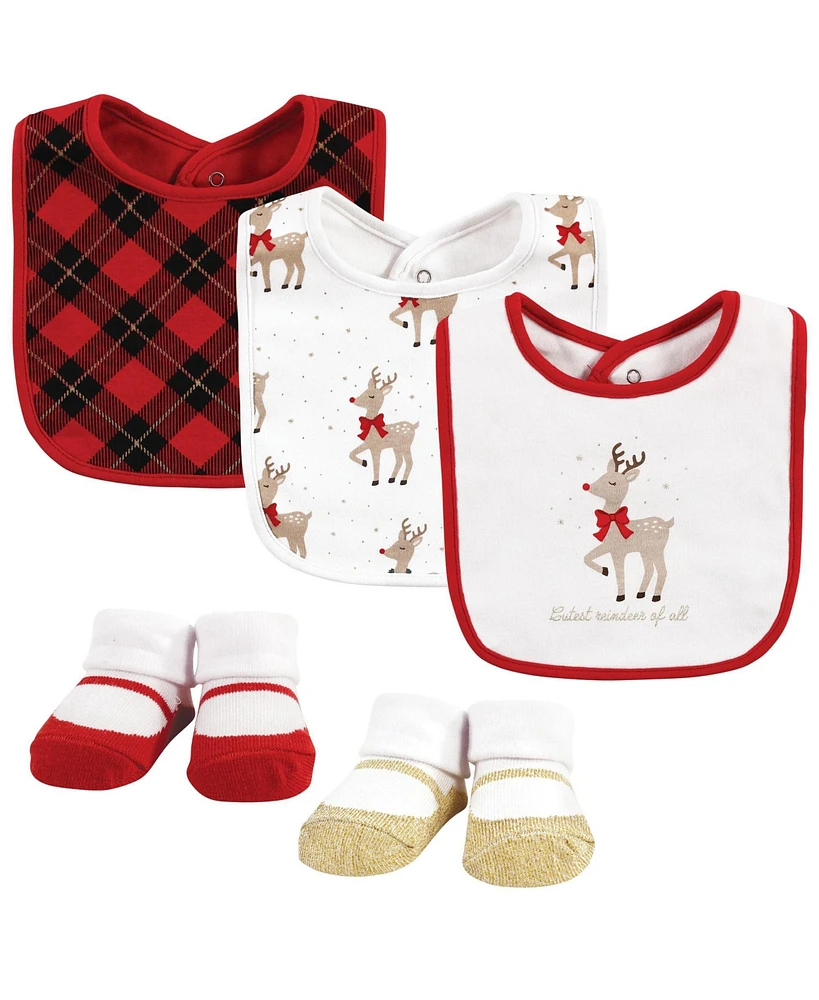 Hudson Baby Baby Girls Cotton Bib and Sock Set, Fancy Rudolph, One