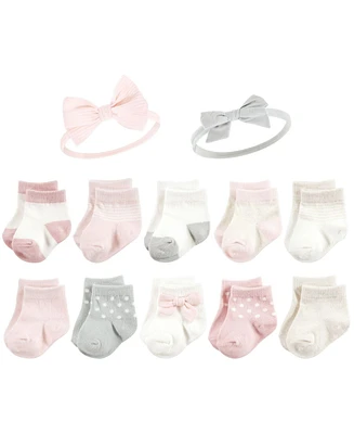 Hudson Baby Baby Girls Sock and Headband 12pc Set, Basic Pink Gray, 0-9 Months