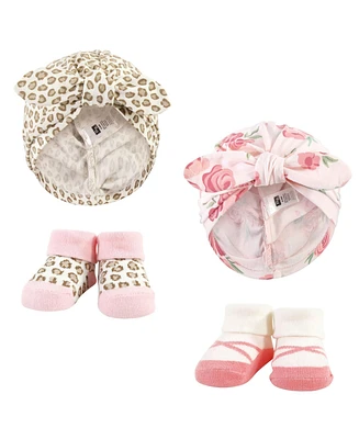 Hudson Baby Infant Girl Turban and Socks Set, Blush Rose Leopard, One Size