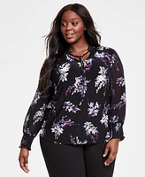 Anne Klein Plus Printed Split-Neck Blouson-Sleeve Blouse