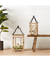 Slickblue Natural Wood Lantern With Open Metal Lid (Set of 2)