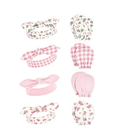 Hudson Baby Baby Girls Cotton Headband and Scratch Mitten Set, Gingham Floral, 0-6 Months