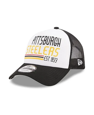 New Era Men's White/Black Pittsburgh Steelers Stacked A-Frame Trucker 9FORTY Adjustable Hat