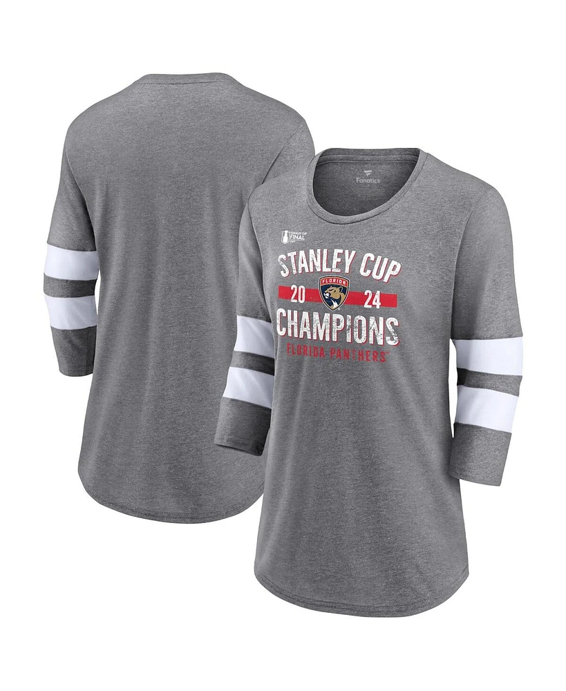 Fanatics Women's Heather Gray Florida Panthers 2024 Stanley Cup Champions Throwback Tri-Blend 3/4-Sleeve T-Shirt