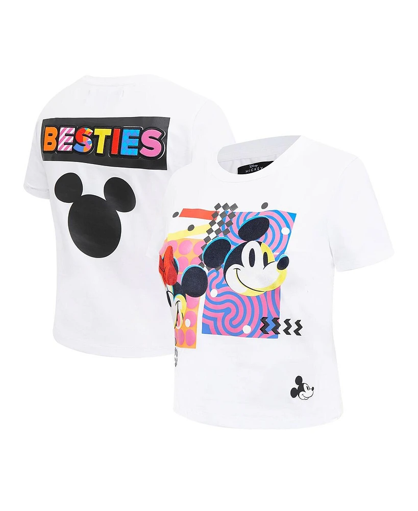 Freeze Max Women's White Mickey Friends Besties Expression Baby Doll Cropped T-Shirt