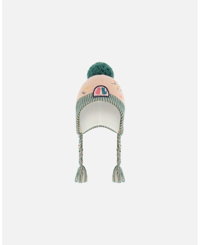 Deux par Girl Peruvian Knit Hat Light Pink, Sage Green And Flowers - Toddler|Child