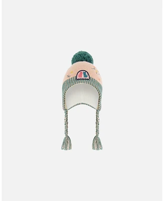 Deux par Girl Peruvian Knit Hat Light Pink, Sage Green And Flowers - Toddler|Child