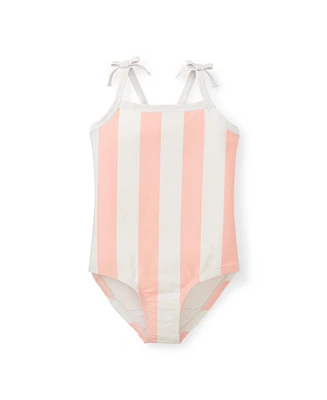 Hope & Henry Toddler Girls Pink and White Striped Cross Back Swim Containing Recycled Fibers