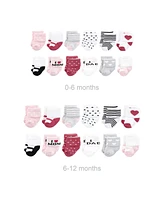 Hudson Baby Baby Girls Grow with Me Cotton Terry Socks, Mom Dad Pink Black, 0-6 and 6-12 Months