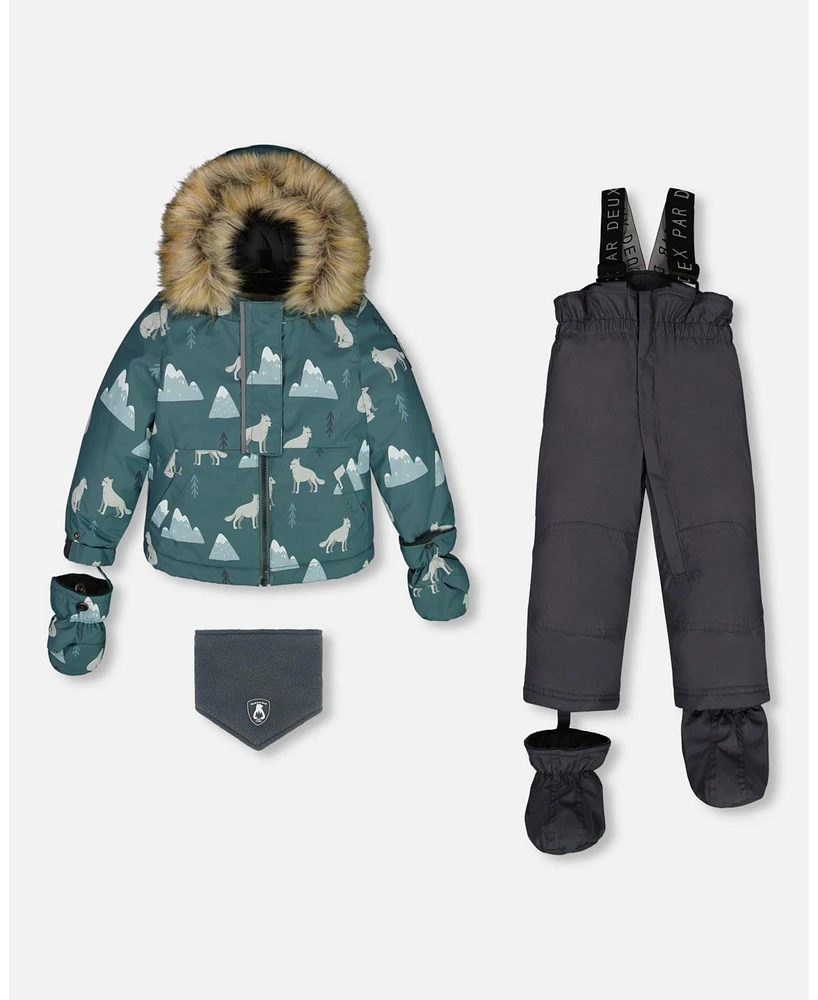 Deux par Baby Boys Two Piece Snowsuit Sage Printed Wolves And Dark Grey - Infant|Toddler