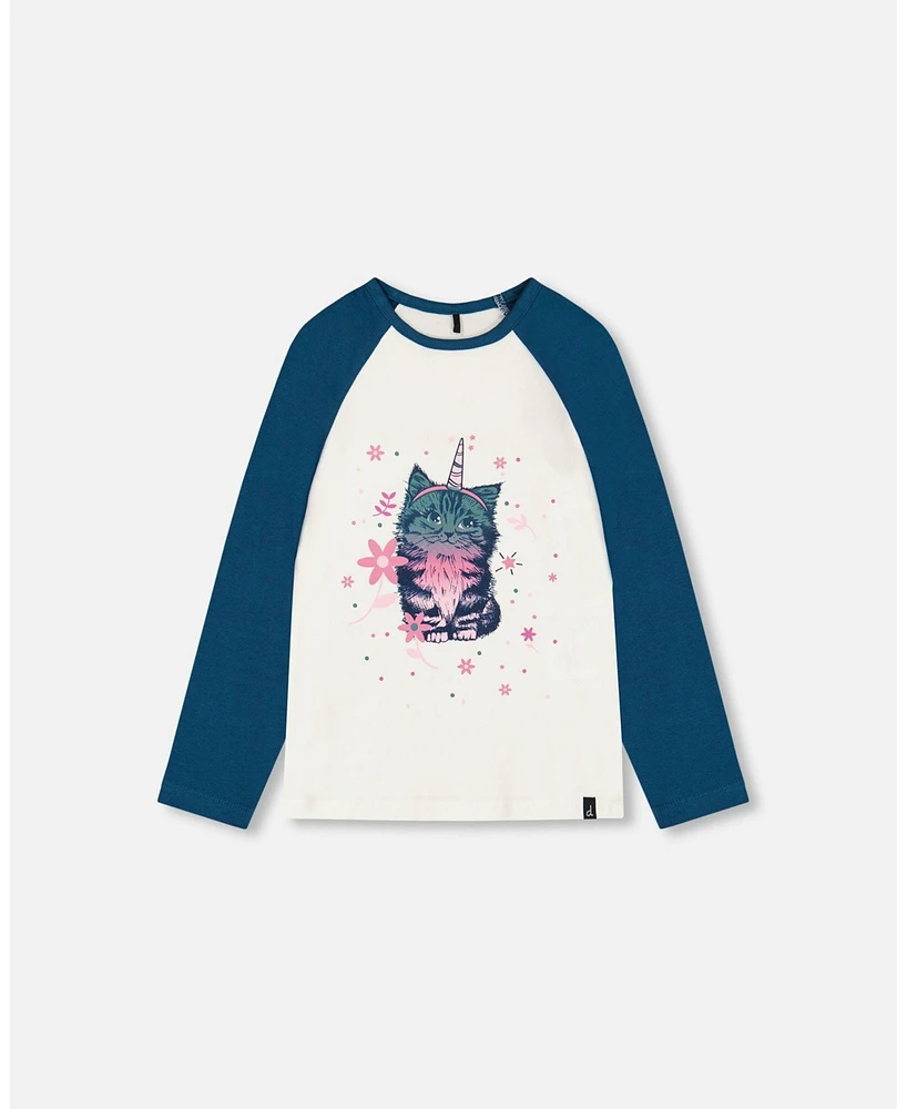 Deux par Deux Big Girls Baseball Top With Print Cat